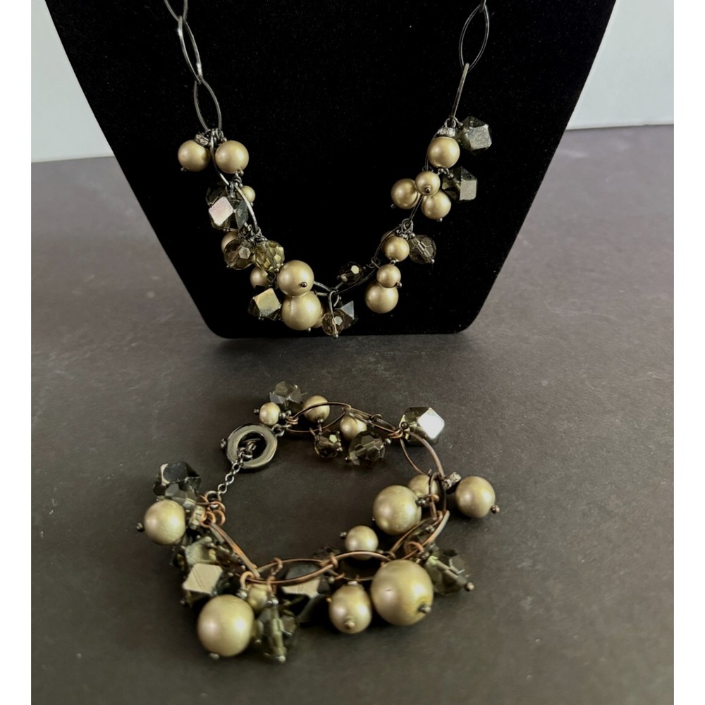 Carolee PEARL‎ y Necklace & Matching Bracelet Grey Tones Crystals Jewelry